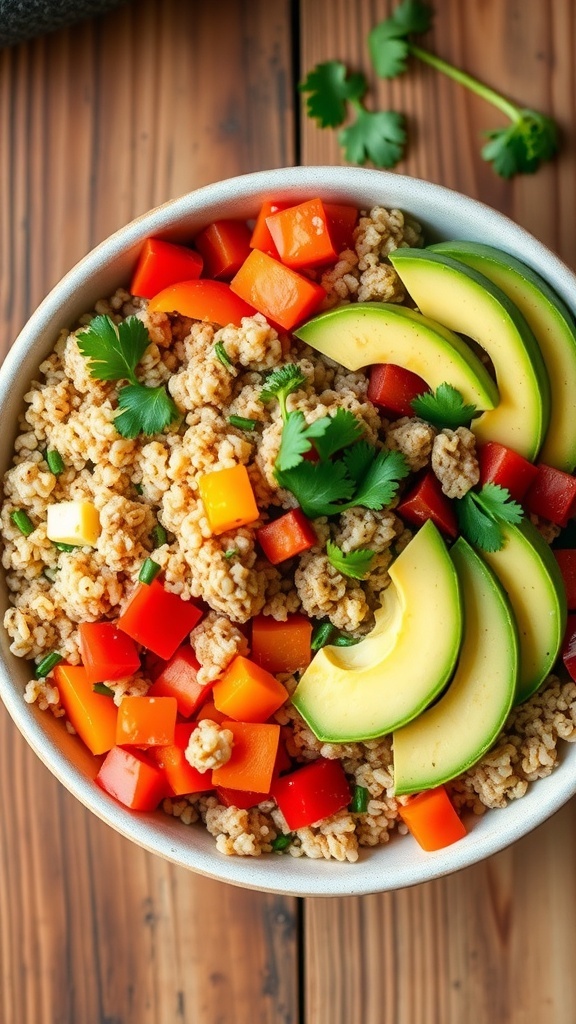 A nutritious quinoa bowl with ground turkey, bell peppers, and avocado, garnished with cilantro on a rustic table.
